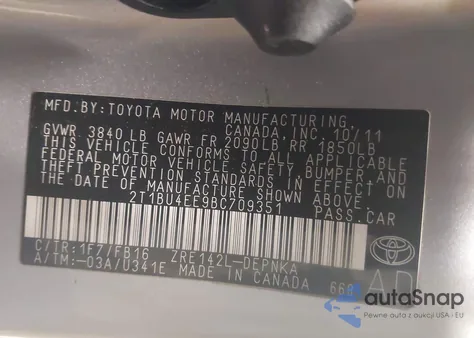 2011 Toyota Corolla Le из США, поврежденный, VIN 2T1BU4EE9BC709351